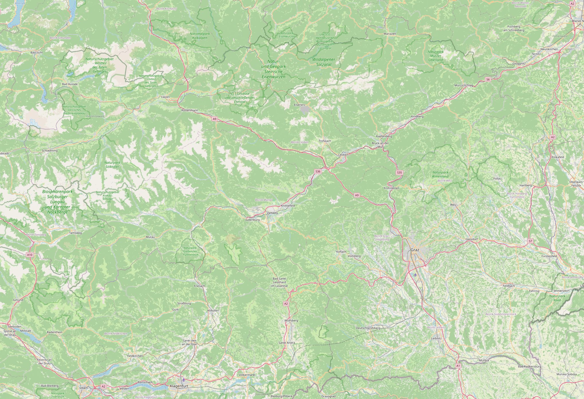 Karte der Steiermark mit den Orten im Verzeichnis