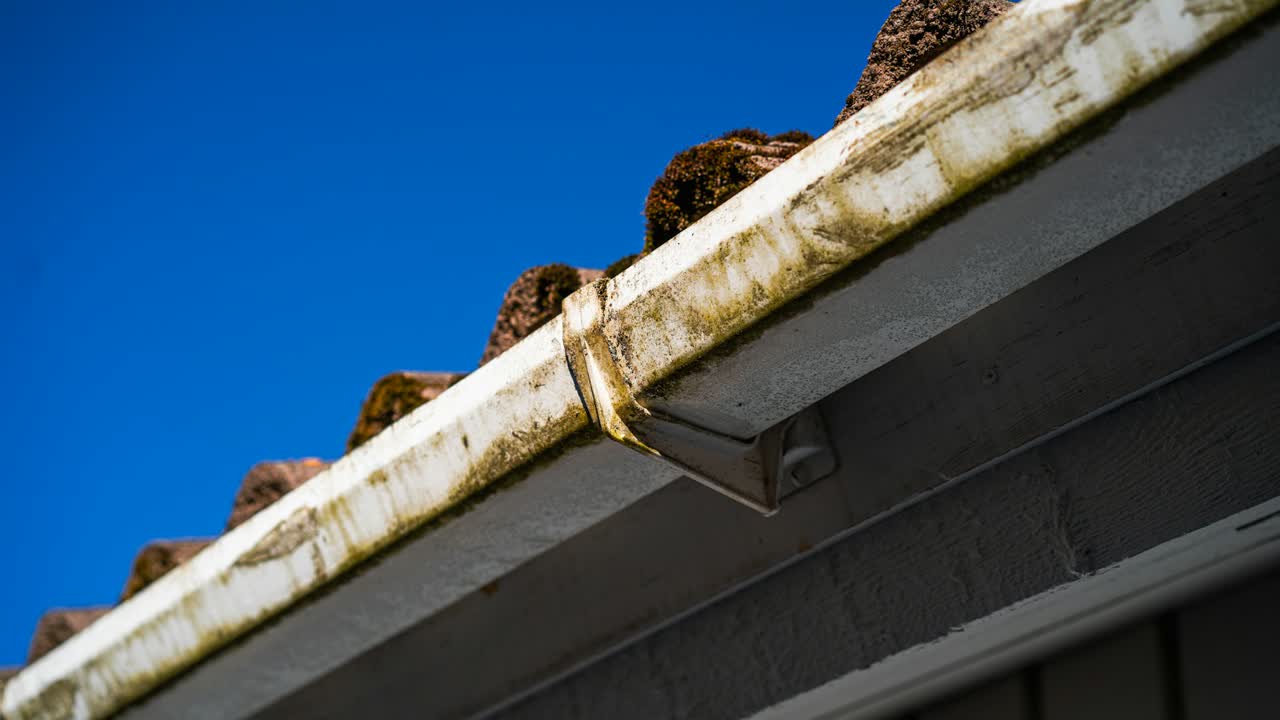 Dachrinne mit Laub an einem Haus