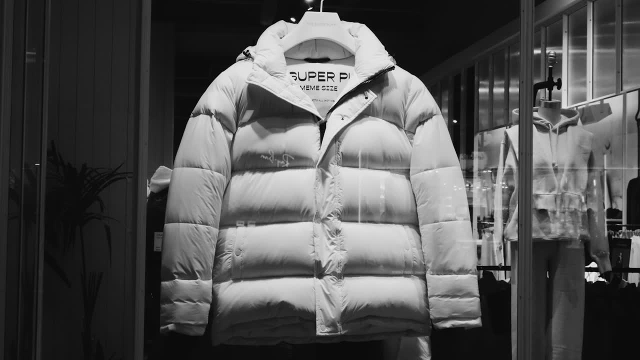 Weiße Daunenjacke auf einem Kleiderbügel