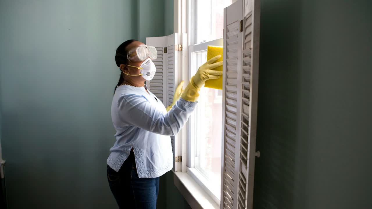Lamellen einer Jalousie werden mit einem Tuch gereinigt