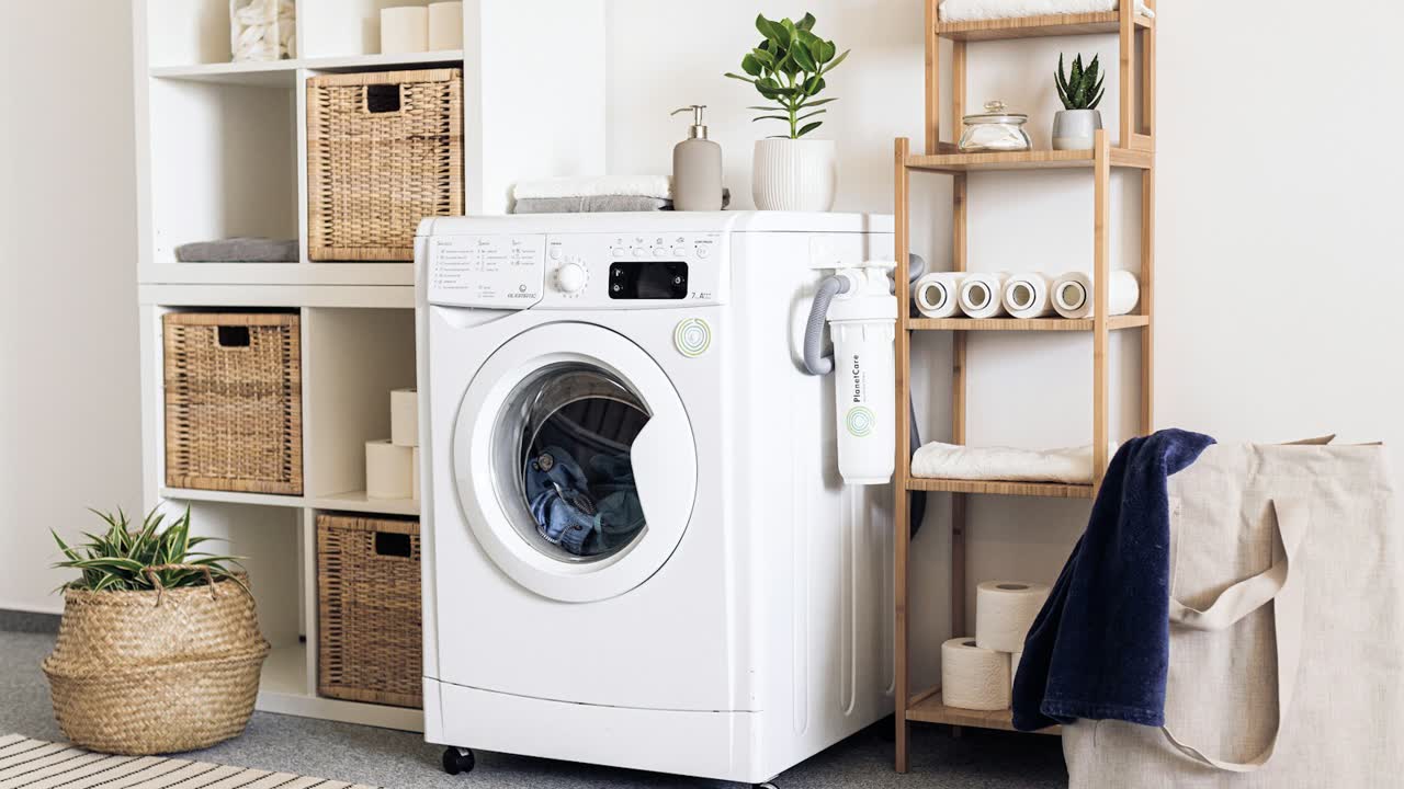 Vorhang wird in die Waschmaschine gelegt